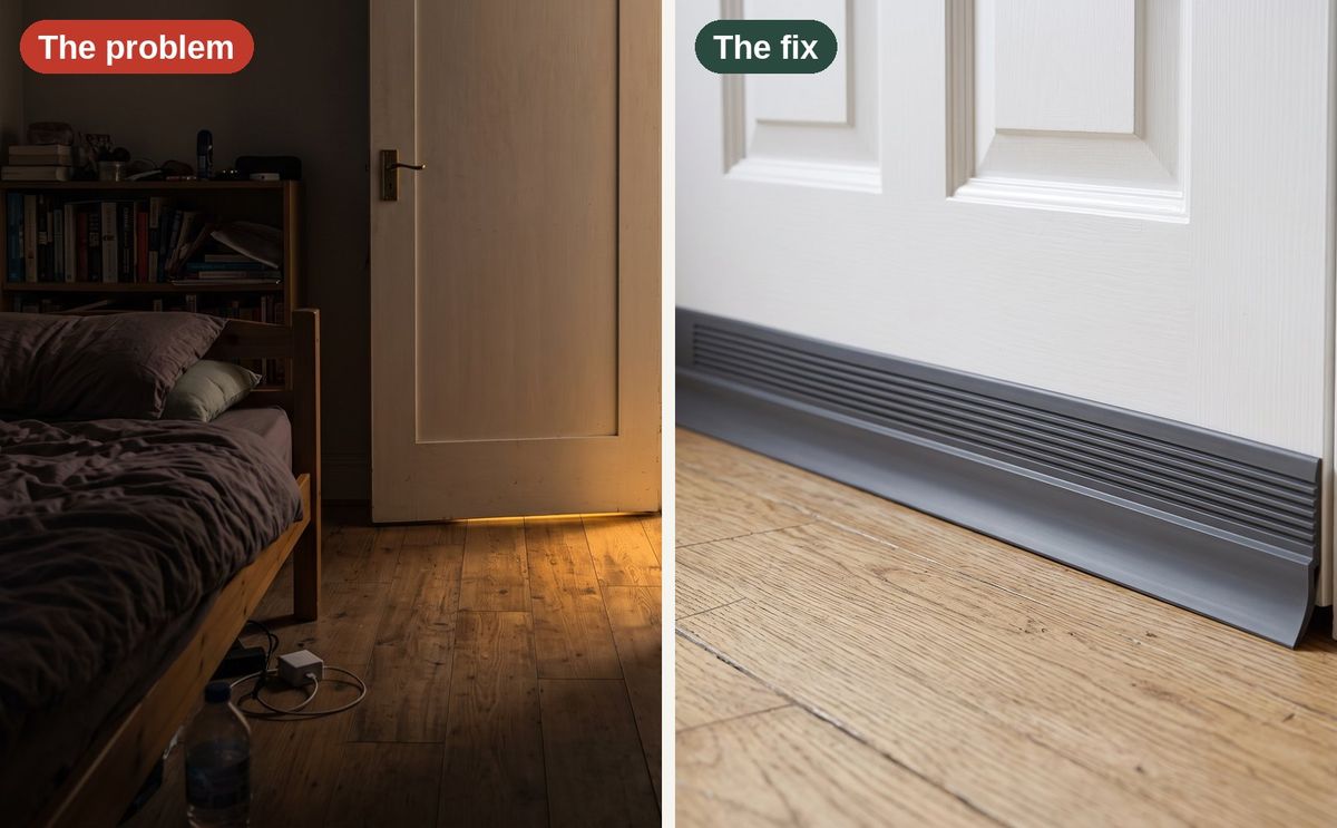 Left: a dark bedroom with hallway light coming under the door. Right: a seal strip fitted along the bottom of the door